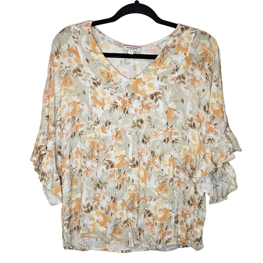 Andre by Unit Yellow Orange Floral drop shoulder ruffle sleeves blouse sz small